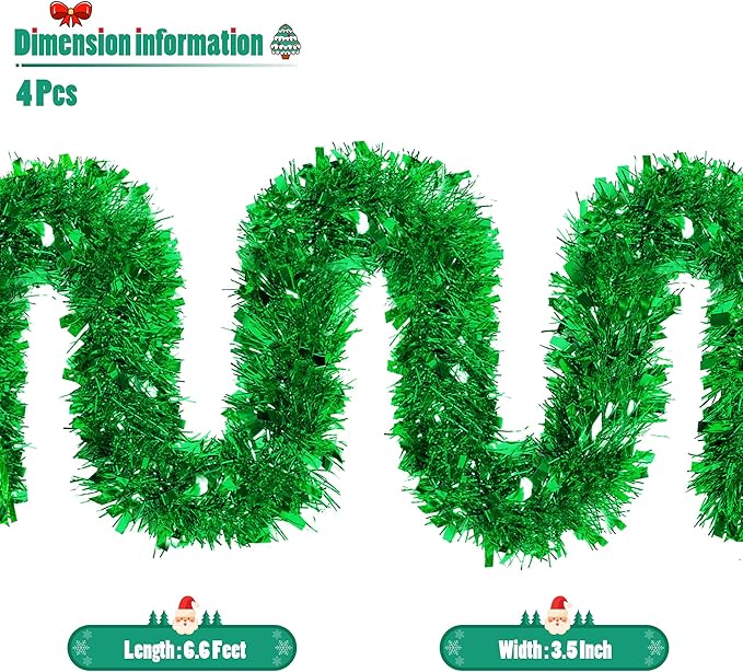 CANREVEL 4 Pieces 26.2 Ft Christmas Garland Metallic Shiny Twist Tinsel Garland Hanging Decorations for Christmas Tree, Mantle, Stairs Railing Decorations - Green