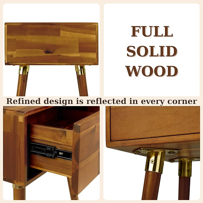 Bme Alden Solid Wood Bedside Table End Table with 1 Drawer for Mid Century Bedroom and Living Room, Caramel