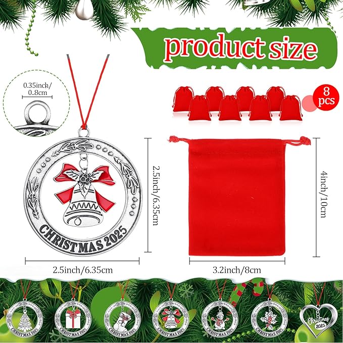 Zhengmy 8 Pieces Christmas Ornaments 2025 Solid Pewter Christmas Tree Ornament Metal Gnomes Santa Angel Snowman Hanging Craft Xmas Gifts with Red Bags(Novelty)