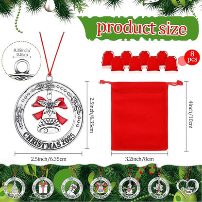Zhengmy 8 Pieces Christmas Ornaments 2025 Solid Pewter Christmas Tree Ornament Metal Gnomes Santa Angel Snowman Hanging Craft Xmas Gifts with Red Bags(Novelty)