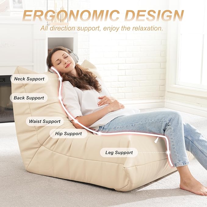 Hobestluk Giant Bean Bag Chair Lazy Floor Sofa, Fireside Sofa for Adults, Big Beanbag Faux Leather Armless Chair for Living Room Bedroom Dorm Office (Beige, Single)