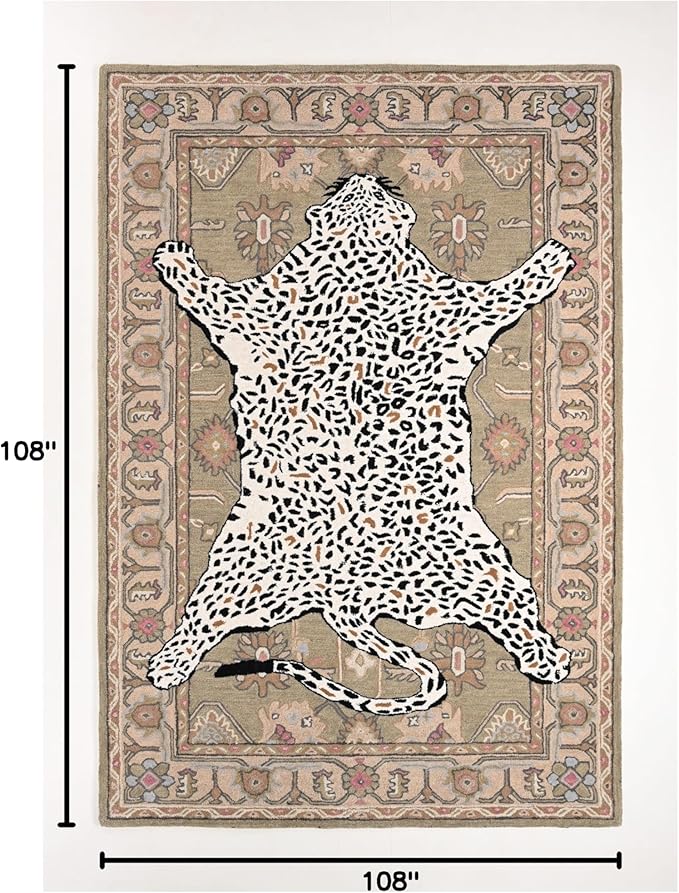 Handmade Leopard Wool Area Rug with Traditional Oushak Motif – Exquisite Animal Print Cheetah Rugs for Living Room, Bedroom | Plush Texture, Vintage Style, Thick & Durable Carpet (Neutral, 9' Round)