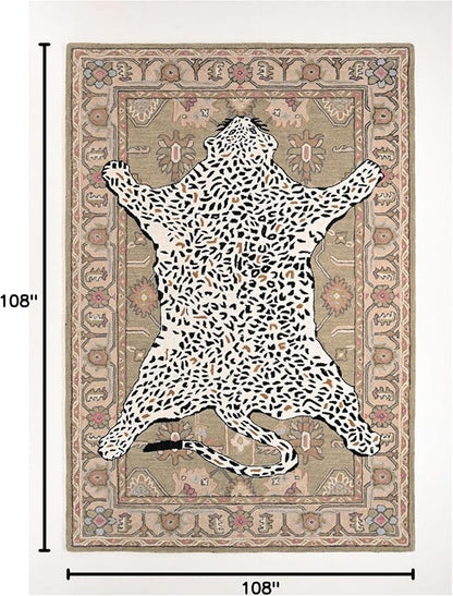 Handmade Leopard Wool Area Rug with Traditional Oushak Motif – Exquisite Animal Print Cheetah Rugs for Living Room, Bedroom | Plush Texture, Vintage Style, Thick & Durable Carpet (Neutral, 9' Round)