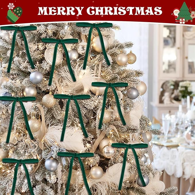 24 Pcs Green Velvet Bows for Christmas Tree, Elegant Dark Green Velvet Christmas Ornaments, 5x7 Inch Pre-Tied Ribbon Bows for Wreaths, Gifts & Holiday Décor (3/8")