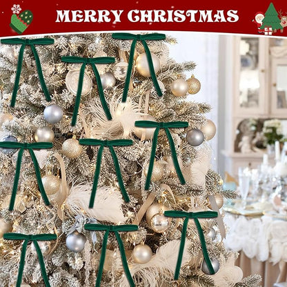 24 Pcs Green Velvet Bows for Christmas Tree, Elegant Dark Green Velvet Christmas Ornaments, 5x7 Inch Pre-Tied Ribbon Bows for Wreaths, Gifts & Holiday Décor (3/8")