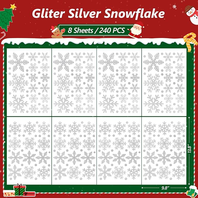LUDILO 240Pcs Christmas Window Clings Glitter Snowflakes Window Decals Static Window Stickers for Christmas Decorations Windows Décor Ornaments Xmas Party Supplies Thanksgiving Party Décor