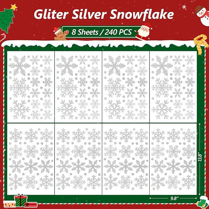 LUDILO 240Pcs Christmas Window Clings Glitter Snowflakes Window Decals Static Window Stickers for Christmas Decorations Windows Décor Ornaments Xmas Party Supplies Thanksgiving Party Décor