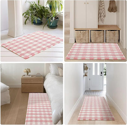 Waffle Runner Rug Bathroom, Long Boho Bathroom Rugs Non Slip Washable Absorbent Checkered Bathroom Mat Quick Dry Cute Bath Mat, 60"x24" Pink and White