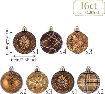 Valery Madelyn Fall Ornaments for Christmas Trees, 16ct Bronze Copper Brown Gold Shatterproof Fall Christmas Tree Decorations, 2.36 Inches Luxury Hanging Ball Ornaments for Thanksgiving Autumn Harvest
