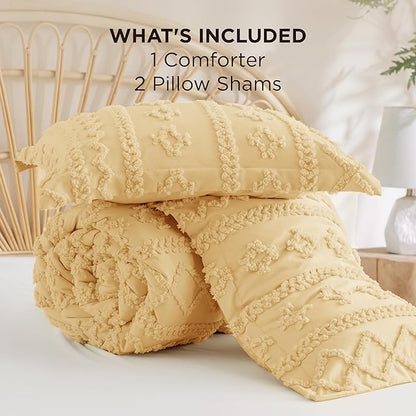 Bedsure Tufted Boho Comforter Set King Size - Yellow Boho Bed Set, GentleSoft™ 3 Pieces Farmhouse Shabby Chic Embroidery Bedding, Gifts for Woman, Soft Jacquard King Comforter for All Seasons