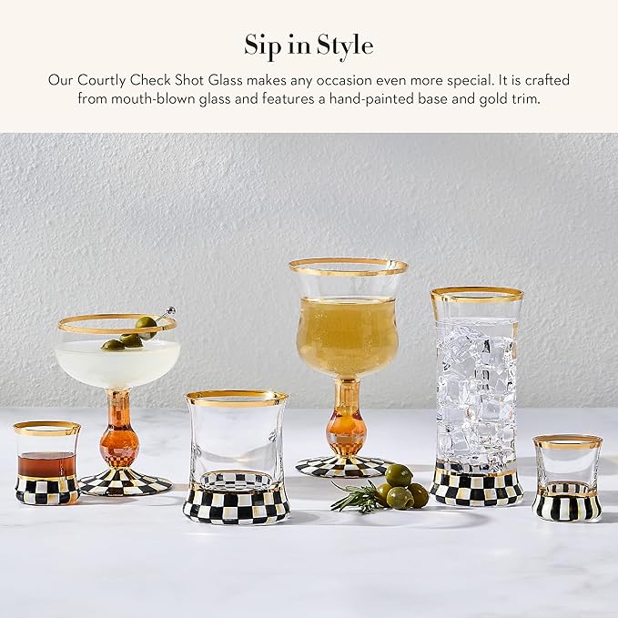 MACKENZIE-CHILDS Shot Glass, Cute Shot Glass for Drinking or Decor, 2 Ounces, Black-and-White Courtly Check