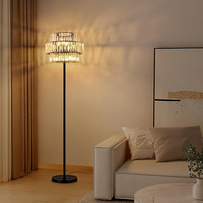 Wellmet Black Floor Lamp for Living Room, 6 Lights Modern Crystal Standing Lamp, Tall Elegant Floor Lamp with Foot Switch for Office, Reading Room, Bedroom, Dining Room(E12 Base)