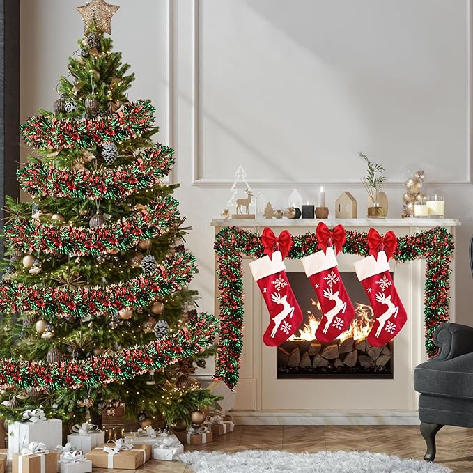 50 Feet Green Red Christmas Tinsel Garland Christmas Decorations for Xmas Tree Decor Metallic Twist Shiny Hanging Garlands for Tree Mantel Stairs Fireplace Home Indoor Outdoor Holiday Party Supplies