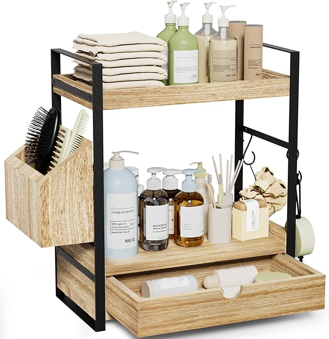 2-Tier Bathroom Counter Organizer with Drawer and Basket, Wood Countertop Organizer for Storage, Skincare Organizers for Vanity, Counter Shelf for Bathroom Organization