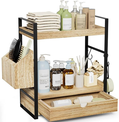 2-Tier Bathroom Counter Organizer with Drawer and Basket, Wood Countertop Organizer for Storage, Skincare Organizers for Vanity, Counter Shelf for Bathroom Organization