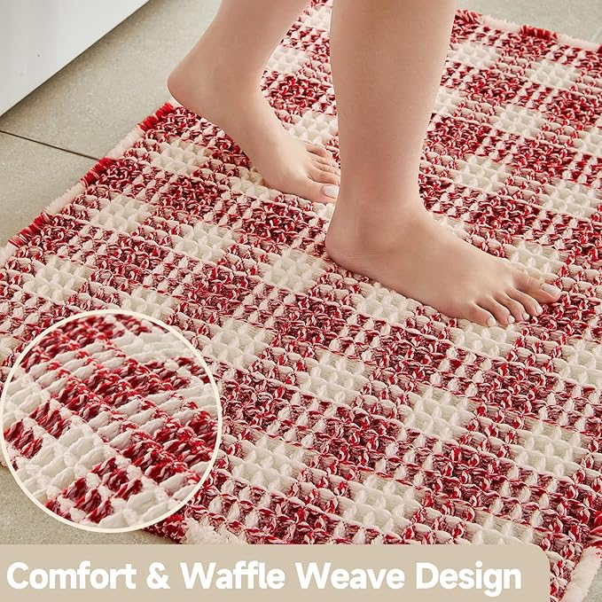 Waffle Runner Rug Bathroom, Long Boho Bathroom Rugs Non Slip Washable Absorbent Checkered Bathroom Mat Quick Dry Cute Bath Mat, 72"x24" Red and White