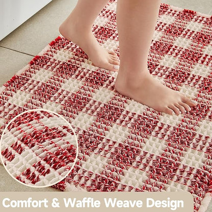 Waffle Runner Rug Bathroom, Long Boho Bathroom Rugs Non Slip Washable Absorbent Checkered Bathroom Mat Quick Dry Cute Bath Mat, 72"x24" Red and White