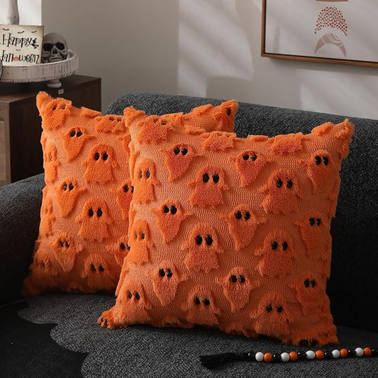 DFXSZ Halloween Pillow Covers 18x18 inch Set of 2 Orange Ghost Throw Pillow Cases Soft Plush Faux Fur Wool Cushion Case for Chair Bedroom Living Room Home Decor PTK03C18