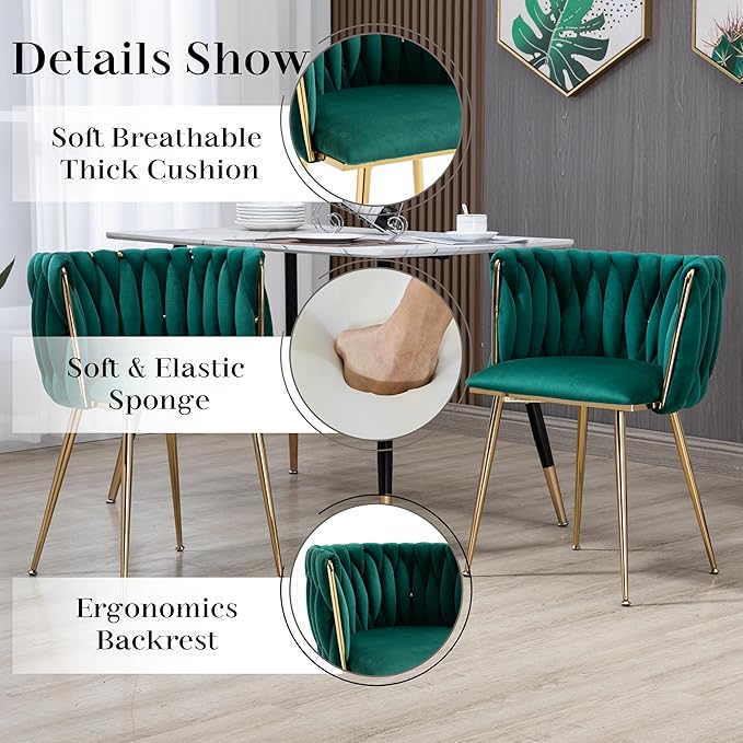 Gold Luxury Round Dining Room Table Set for 4, 47'' Modern Minimalist Circle Kitchen Table Set, 5 Pcs Large Clear Circular Glass Top Dinner Set, Green Retro Woven Chairs Set, for Apartment