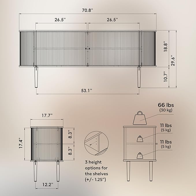 WERMO 71’’ Sideboard Storage Cabinet with Doors and Shelves - Wood Credenza for Living Room, Bedroom, Entryway and Home Office Cabinet. Kitchen Buffet, Media Console Table with Storage (Walnut)