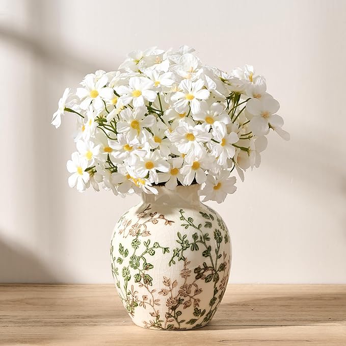 SIDUCAL Ceramic Green and Beige Antique Vase, 5.83 Inch Retro Ice Cracked Chinoiserie Floral Vase, Rustic Farmhouse Vases for Home Decor, Bookshelf, Office, Garden, Chinoiserie Decor, Tuscan Decor