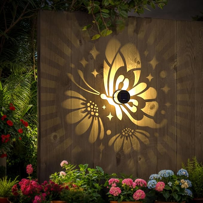 Solar Fence Lights 4 Pack Solar Deck Lamps Outdoor Decorations Powered Step Lights Wall Waterproof LED Warm Decorative Lighting for Garden (Butterfly-Flower, 4)