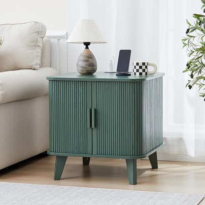 24" Vintage End Table, Nightstands Set of 2, Mid-Century Fluted End Table with Charging Station, Wood Side Table with Storage & Sliding Door for Sofa, Couch, Bed (Square, Green)
