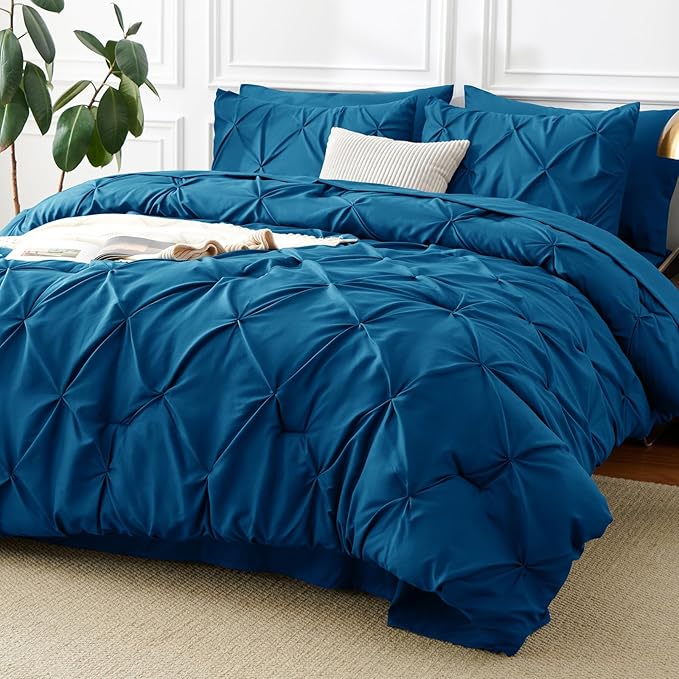 CozyLux King Size Comforter Set Teal, 7 Pieces Pintuck Bed in A Bag Teal Comforter King Size, Pinch Pleat Bedding Set with All Season Comforter, Sheets, Pillowcases & Shams