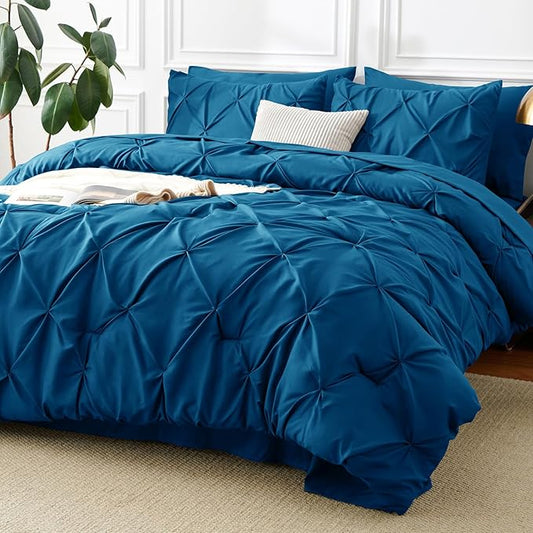 CozyLux Full Size Comforter Sets Teal, 7 Pieces Pintuck Bed in A Bag Teal Comforter Full Size, Pinch Pleat Bedding Sets with All Season Comforter, Sheets, Pillowcases & Shams
