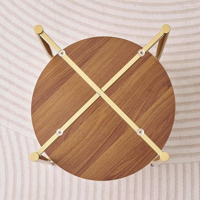 Round Glass End Table, Mid-Century Modern Design Sofa Table for Living Room, D18 x H23, 2-Tier Structure, Clear Glass Top and Walnut Shelf, Sleek Conical Legs with Gold Finish Frame