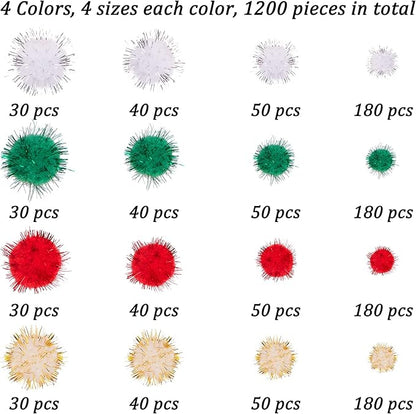 BQTQ 1200 Pieces Christmas Pom Pom Tinsel Balls Glitter Fluffy for Craft Making and Decorations (4 Sizes, Gold, White, Green, Red)