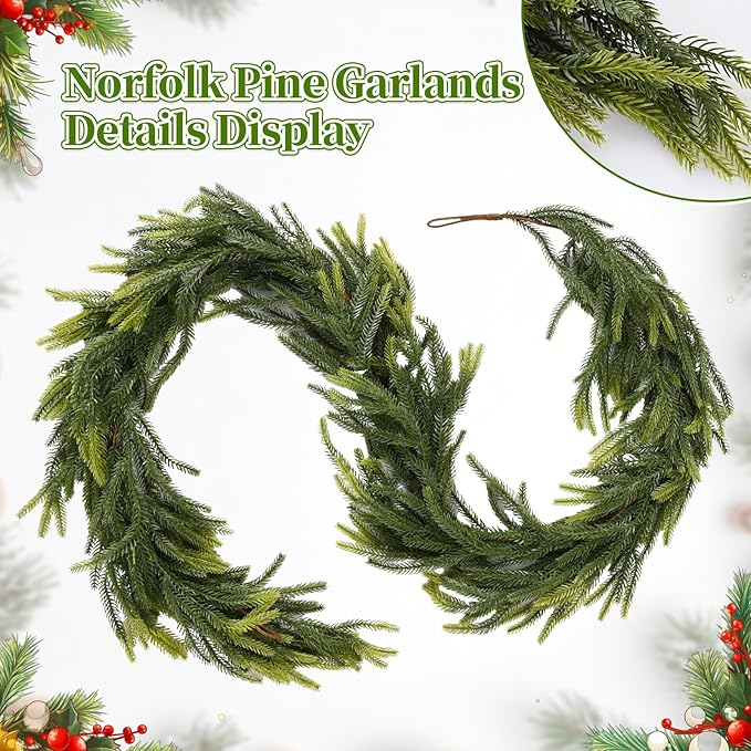 Sherika 1Pcs 9FT Artificial Norfolk Pine Garland,Real-Touch Chirsmas Cedar Garland, Gradient Faux Pine for Chrismas Decoration Indoor/Outdoor Decor, Wall, Table,Christmas Tree(1, 9Ft)