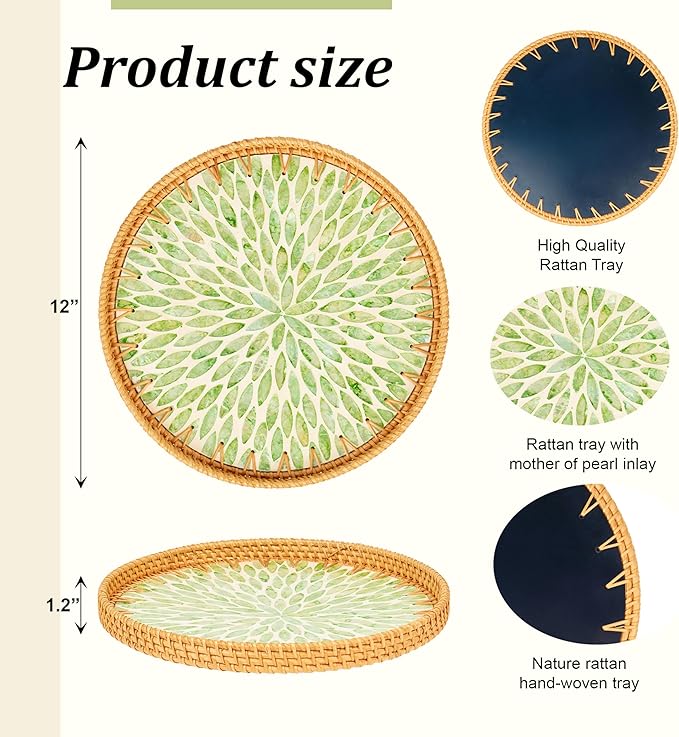 Round 12" Rattan Serving Tray with Mother of Pearl Inlay, Decorative Wicker Tray with Wooden Base for Bread, Fruit, Food Display and Storage (Leaf)