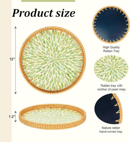 Round 12" Rattan Serving Tray with Mother of Pearl Inlay, Decorative Wicker Tray with Wooden Base for Bread, Fruit, Food Display and Storage (Leaf)