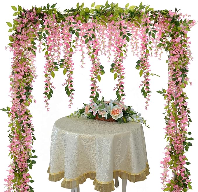 Lvydec Wisteria Artificial Garland, 4 Pcs Total 28.8ft Artificial Wisteria Vine Silk Hanging Flower for Home Garden Outdoor Ceremony Wedding Arch Floral Decor (Pink)