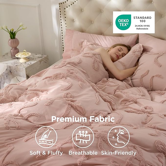 Bedsure King Size Comforter Set - Rose Pink Tufted Boho Bed Set, Farmhouse Shabby Chic Embroidery Bedding for All Seasons, 3 Pieces, 1 Soft Jacquard King Comforter and 2 Pillow Shams