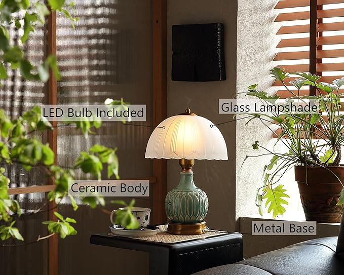 Vintage Lamp for Living Room,16" Modern Ceramic Table Lamps for Bedroom,Retro Bedside Nightstand Traditional Lamps, Classic Chinoiserie Green Lamp for Home Decor (LD002)