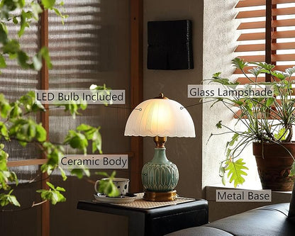Vintage Lamp for Living Room,16" Modern Ceramic Table Lamps for Bedroom,Retro Bedside Nightstand Traditional Lamps, Classic Chinoiserie Green Lamp for Home Decor (LD002)