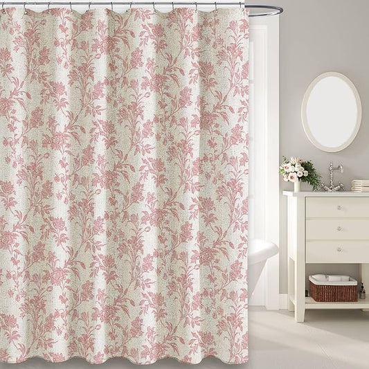 Pink Shower Curtain Floral Cotton Linen Cottagecore Shower Curtain for Bathroom 75" L x 72" W Long