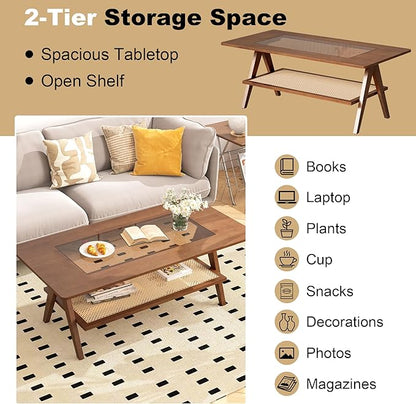 Mid Century Modern Coffee Table with Glass Top and Rattan Storage Shelf, Rectangular Walnut Wooden Coffee Table, Unique Center Tables for Living Room Apartment Home, 47.2 Inch