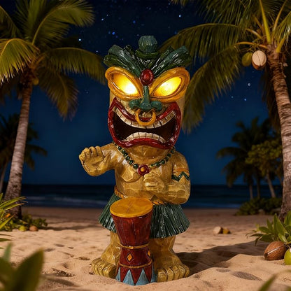 Solar Tiki Garden Statue with LED Eyes Outdoor Polynesian Drummer Hawaiian Party Decor Solar Light Ornament for Patio Porch Lawn Tiki Bar or Tiki Lover Funny Gifts