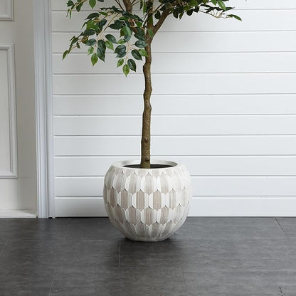 LuxenHome 14" Dia Round Concrete Planter, Indoor Outdoor Large Plant Pot with Drainage Hole and Rubber Plug, Flower Pot for Plants, Modern Geometric Weathered Planter Pot for Home Patio Garden