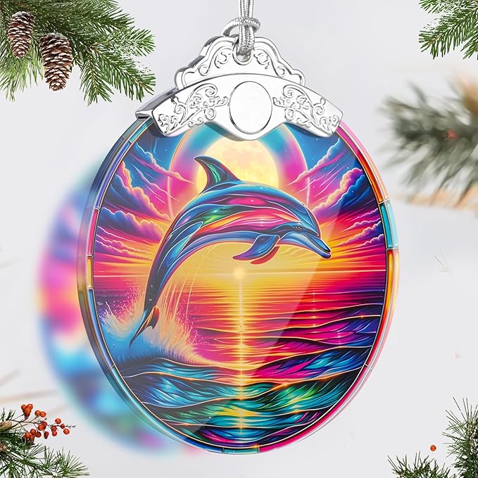 Dolphin Stained Glass Tree Ornament, Dolphin Christmas Tree Ornaments Xmas Decor, Holiday and Xmas Presents