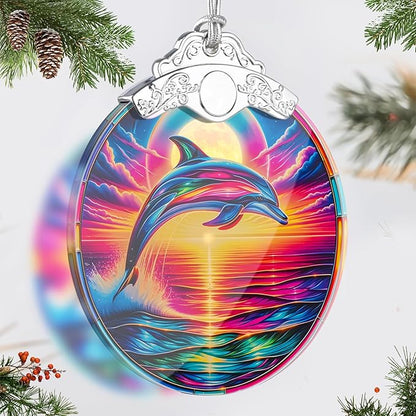 Dolphin Stained Glass Tree Ornament, Dolphin Christmas Tree Ornaments Xmas Decor, Holiday and Xmas Presents