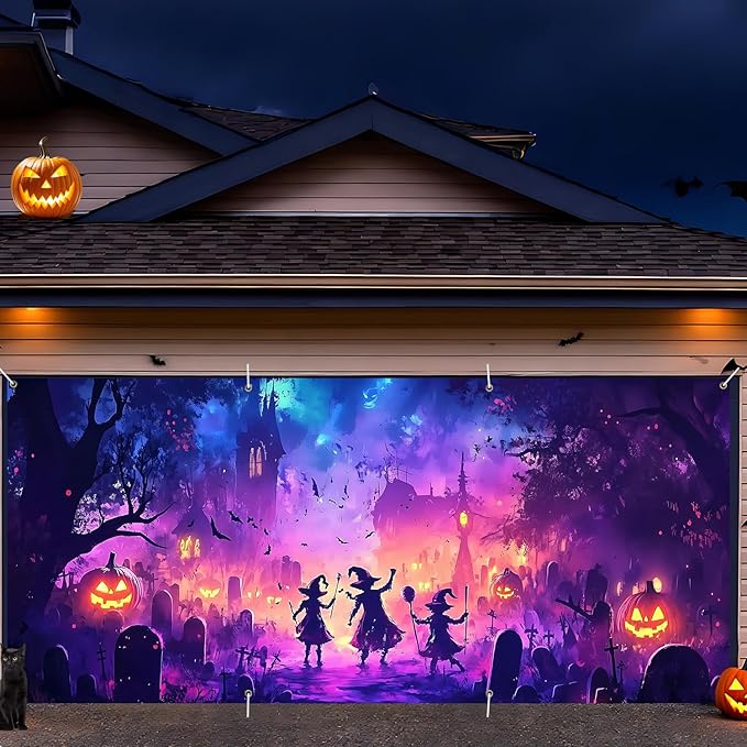 6 x 13 ft Halloween Garage Door Decorations Halloween decorations Witch Door Cover, Hanging Banner, Cauldron Backdrop Mural for Home, Outdoor, Indoor, Spooky Party, Wall, Window (Purple-2)