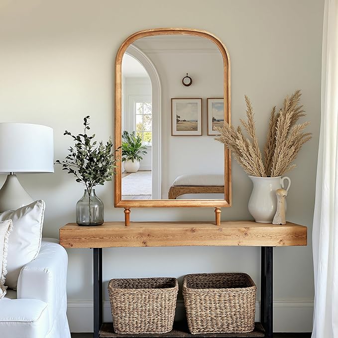 LuxenHome Arched Wall Mirror with Solid Wood Frame, 23.6''x39.5'' Large Farmhouse Wall Mounted Decorative Mirror with Legs, Rustic Arch Mirrors for Bathroom Vanity, Entryway, Living Room, Bedroom