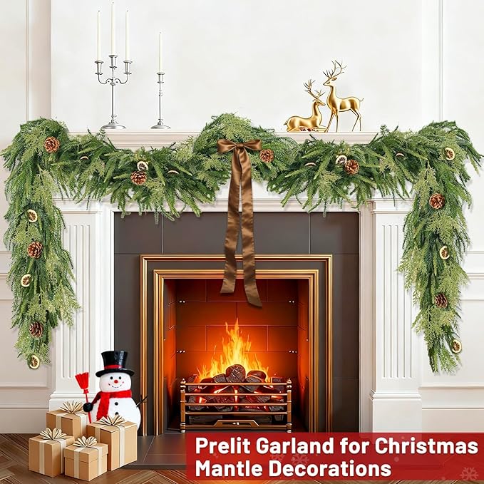 Extra Thick&Lush-6 Ft by 10 Inch Real Touch Norfolk Pine Garland,Christmas Garland Artificial Realistic Soft Thickness Greenery Pine Cypress Pinecones Garlands for Mantle Fireplace Home Indoor Outdoor
