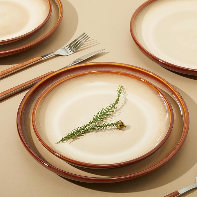 Stoneware Dinnerware Sets, Ceramic Plates and Bowls Set, Microwave & Dishwasher Safe Kitchen Dish Set, Modern Dinner Salad Plates | Cereal Bowls for 4, Dishware Sets Brown Yellow