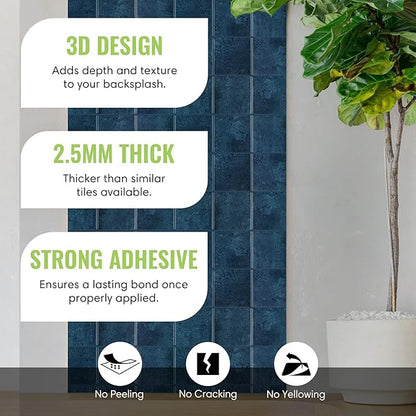 5 Pack Peel and Stick Backsplash Square Tiles, Extra Thick 3D Wall Panels, Heat & Water Resistant, Easy DIY Kitchen, Bathroom, Laundry, Fireplace & Rental Home Wall Décor (12 x 12 in), Blue