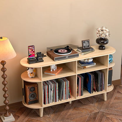 Large Round Record Player Stand with Charging Station & USB Ports，Record Storage Cabinet, Mid Century Modern Turntable Stand Console for Bedroom Living Room (Oak)